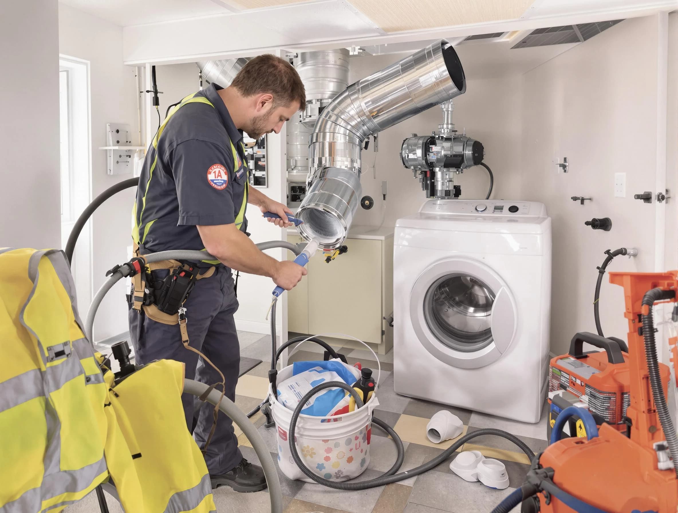 Murrieta Dryer Vent Cleaning technician using specialized equipment to clear severe dryer vent blockage in Murrieta